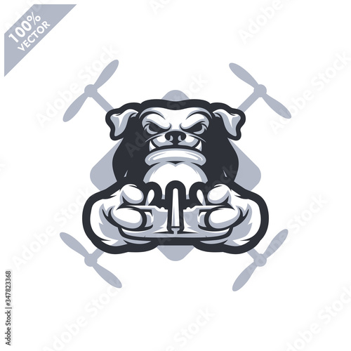 Dog holding Drone controller. Mascot logo for drone racing team, drone club or store. Design element for company logo, label, apparel or other merchandise. Scalable and editable vector illustration.