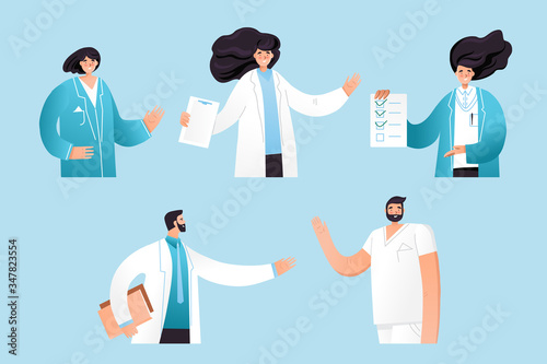 Vector flat illustration of professional medic team with pointing gestures. Cartoon doctor characters set - man, woman, nurses and doctors