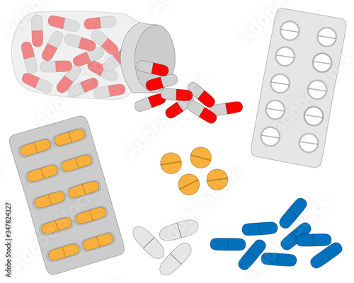 Set Medicines pills and capsules vector illustration.