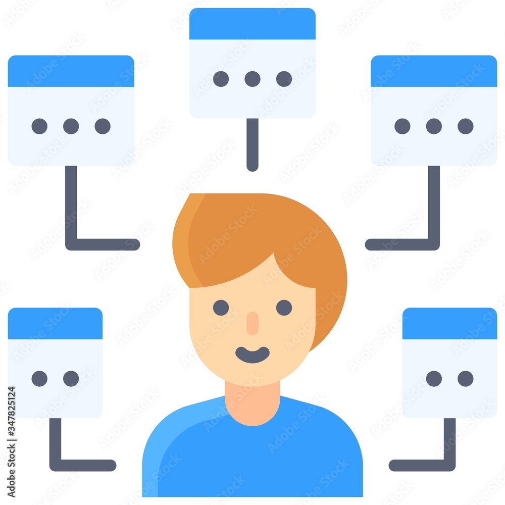 Multitasking icon, man with five window task Multitasking icon, man with five window task