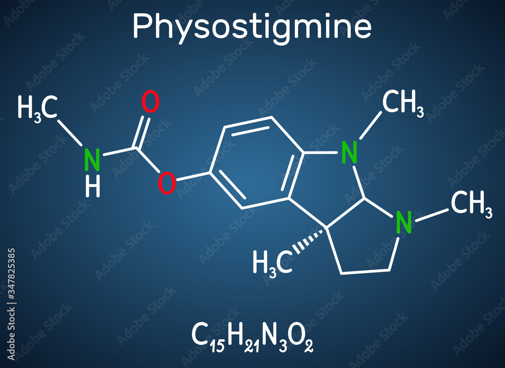 Vecteur Stock Physostigmine, eserine, C15H21N3O2 molecule. It is