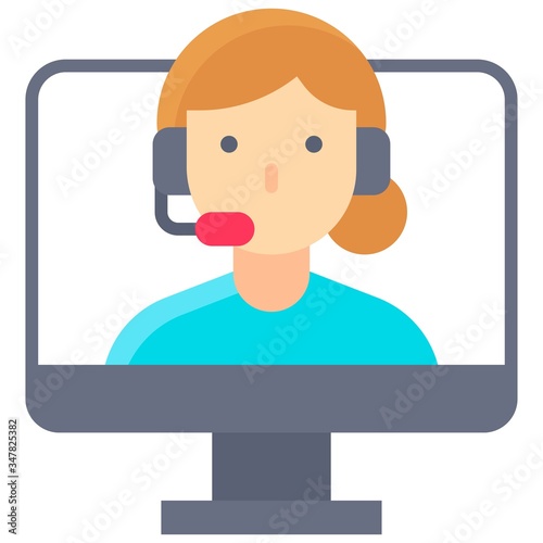 Woman with headphone in monitor, video call vector