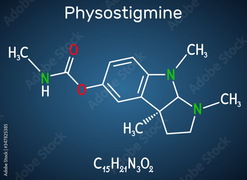 Physostigmine, eserine, C15H21N3O2 molecule. It is cholinesterase inhibitor, toxic parasympathomimetic indole alkaloid. Structural chemical formula on the dark blue background photo