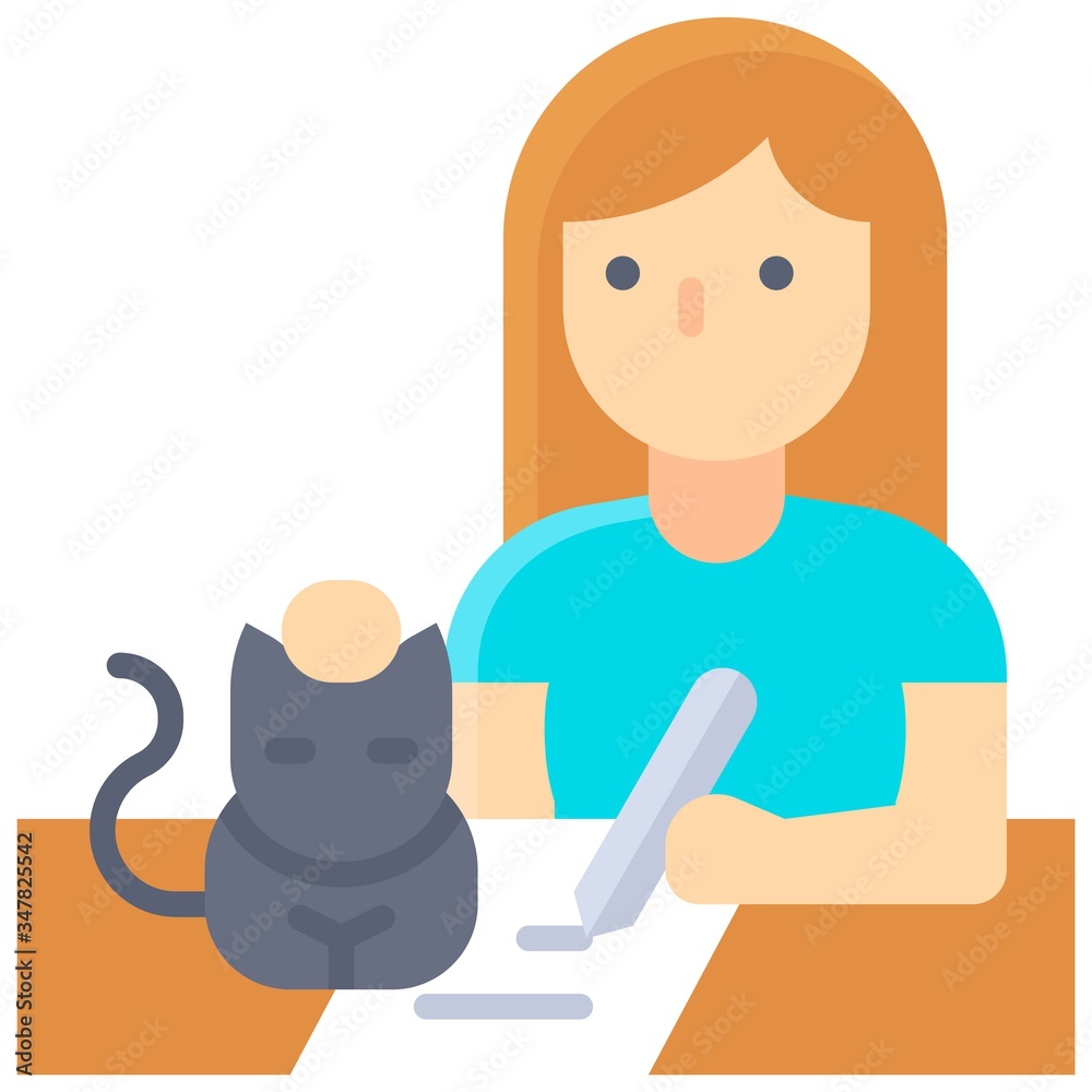 Woman writing on paper with cat, work from home