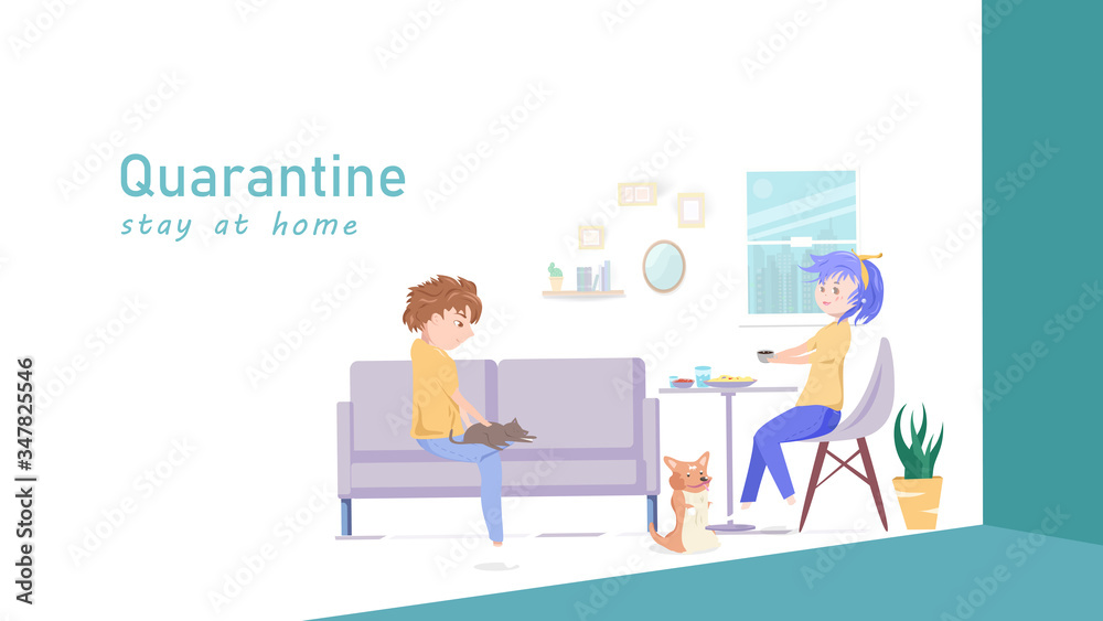 Work at home, people quarantine, human activity with pets, family concept, cartoon character flat design, home interior idea creative background vector illustration