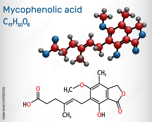 Mycophenolic acid, MPA, mycophenolate, C17H20O6 molecule. It is an immunosuppresant drug and potent anti-proliferative. Structural chemical formula and molecule model
