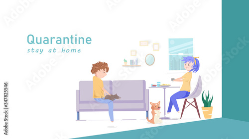 Work at home, people quarantine, human activity with pets, family concept, cartoon character flat design, home interior idea creative background vector illustration