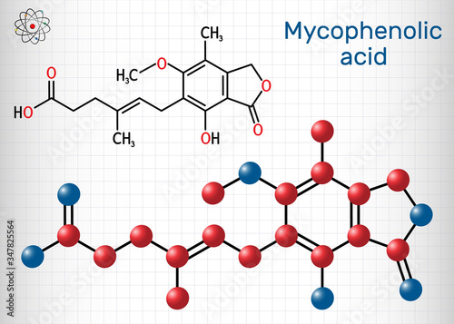 Mycophenolic acid, MPA, mycophenolate, C17H20O6 molecule. It is an immunosuppresant drug and potent anti-proliferative. Sheet of paper in a cage