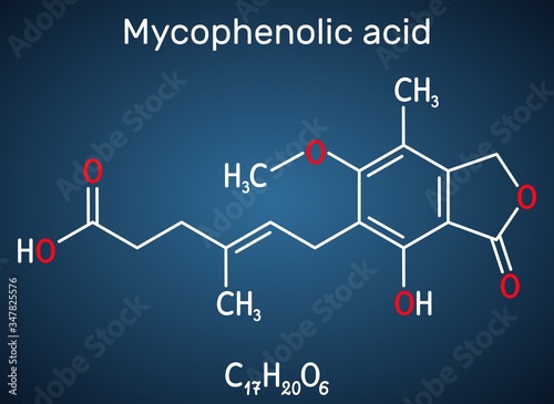 Mycophenolic acid, MPA, mycophenolate, C17H20O6 molecule. It is an immunosuppresant drug and potent anti-proliferative. Structural chemical formula on the dark blue background. Vector illustration