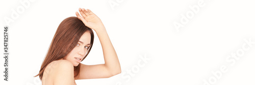 Girl hands up. Self skincare. Pretty girl studio portrait. White isolated background. Depilation concept. Home routine