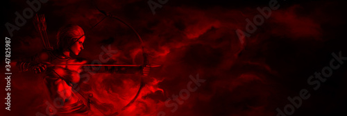 Survivor archer woman banner/ Horror fantasy banner with bow shooting woman in a dark red mist photo