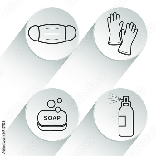 Badges of personal protective equipment - medical mask, latex gloves, soap, antiseptic. Coronavirus, covid 19 prophylactic items. Lines and polygonal symbols. Vector illustration