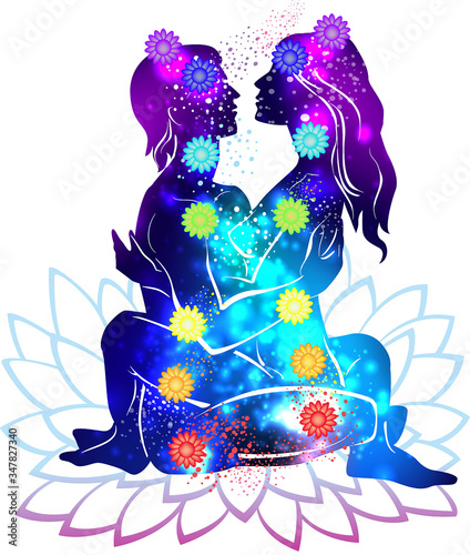 Couple practicing tantra yoga and the symbolic of the chakra system