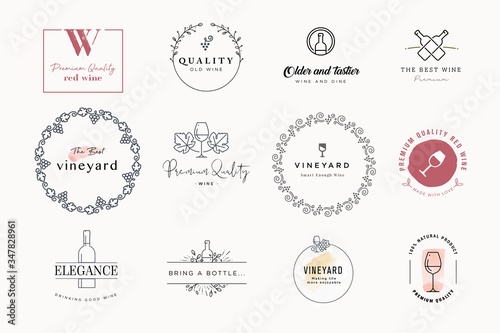Set of labels and stickers for wine. Vector illustrations for graphic and web design, marketing material, restaurant menu, wine list, products presentation, packaging design.