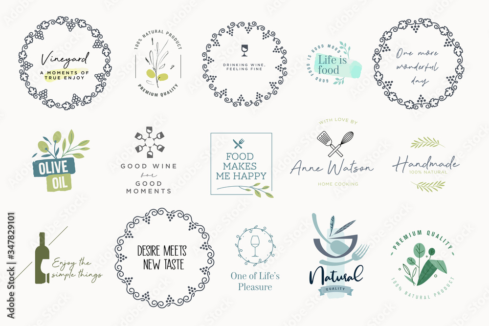 Set of labels and stickers for food and drink. Vector illustrations for graphic and web design, marketing material, restaurant menu, organic products presentation, packaging design.
