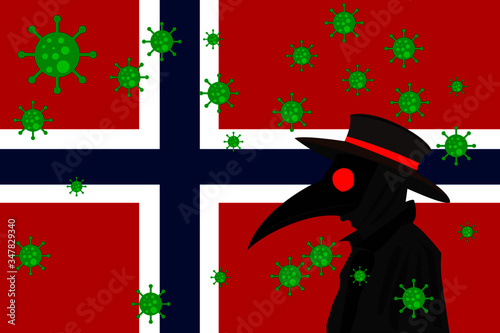 Black plague doctor surrounded by viruses with copy space with NORWAY flag.