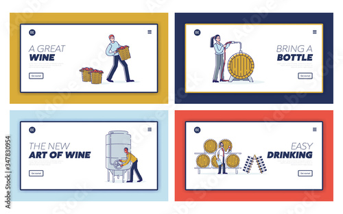 Concept Of Wine Production. Website Landing Page. People Harvesting, Fermenting Must, Filling, Control Quality And Storage Wine. Web Page Cartoon Linear Outline Flat Style Vector Illustrations Set