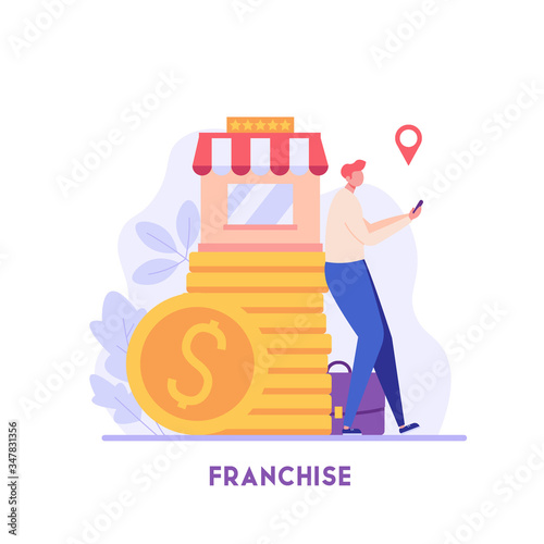 Businessman standing with mobile and buying a franchise remotely. Buying a finished business. Concept of business industry, franchising, bizopp, distribution. Vector illustration in flat design.