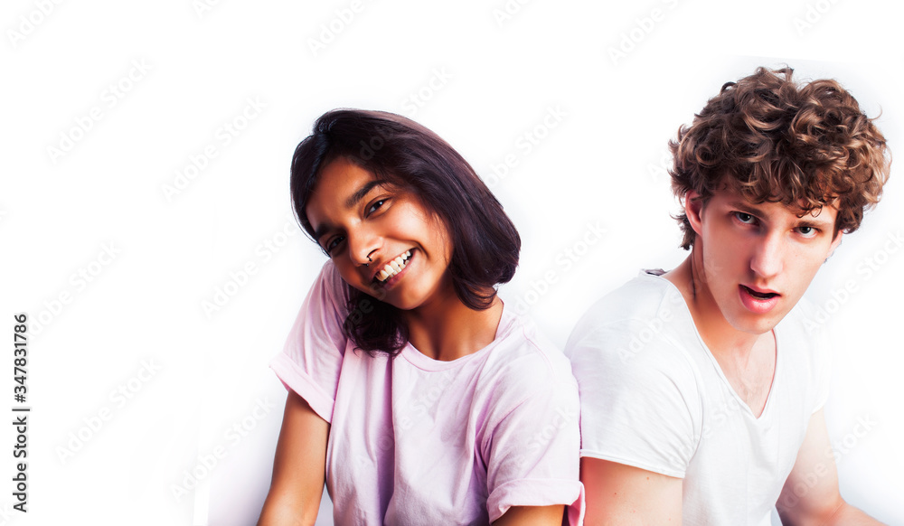 best friends teenage girl and boy together having fun, posing emotional on white background, couple happy smiling, lifestyle people concept, blond and brunette multi nations best friends teenage girl and boy together having fun, posing emotional on white background, couple happy smiling, lifestyle people concept, blond and brunette multi nations
