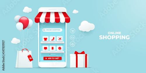 Online shopping concept illustrations on the mobile application. e-commerce with icons on the shelf on the smartphone screen. for digital marketing promotions. bag and gift box store element. photo