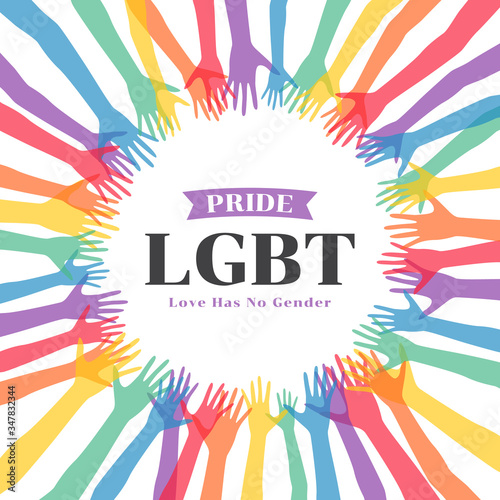 Rainbow colorful hands around circle and Pride LGBT Love has no gender text vector design