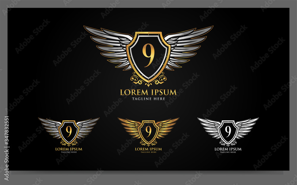 Luxury alphabets logo with golden badges wings design template. Signs, symbol illustration Luxury alphabets logo with golden badges wings design template. Signs, symbol illustration