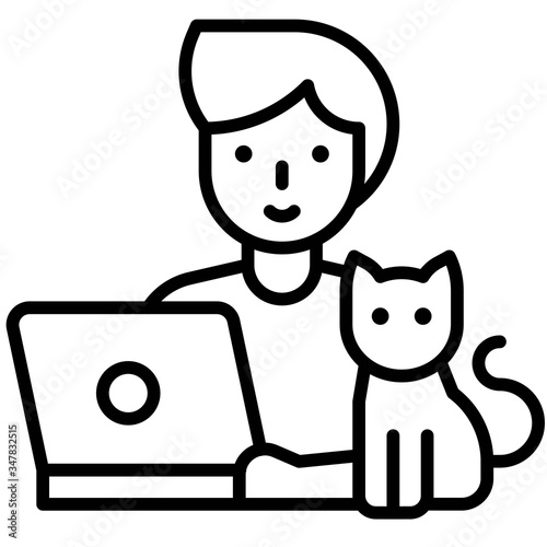 Man working on laptop with cat, work from home