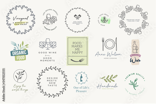 Set of labels and badges for food and drink. Vector illustrations for graphic and web design, marketing material, restaurant menu, natural and organic products presentation, packaging design.