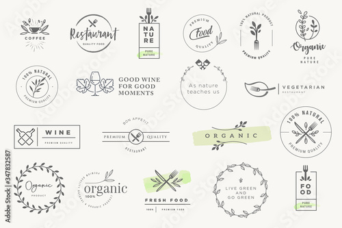 Set of stickers and badges for organic and natural products. Vector illustrations for graphic and web design, marketing material, restaurant menu, food and drink, packaging design.