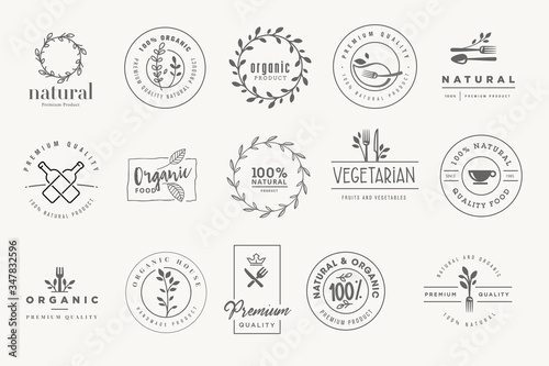 Set of stickers and labels for food and drink. Vector illustrations for graphic and web design, marketing material, restaurant menu, natural products presentation, packaging design.