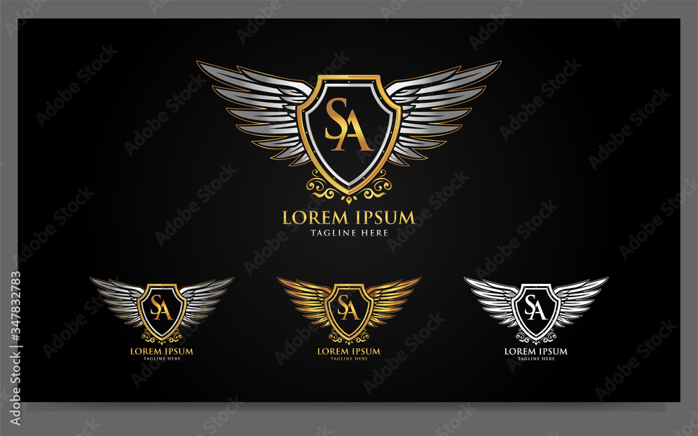 Obraz premium Luxury alphabets logo with golden badges wings design template. Signs, symbol illustration