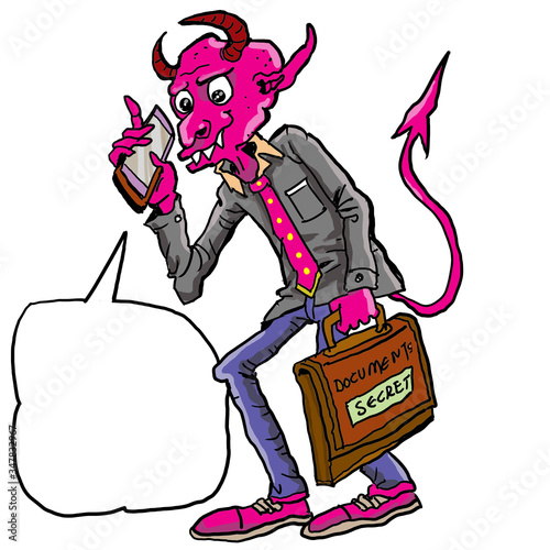 Cartoon red devil with businessman suit gets a call for the business deal.