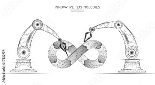 Devops software development operations infinity symbol. Programmer administration system life cycle quality. Coding building testing release monitoring. Robotic arms vector illustration