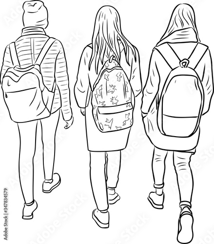 Outline drawing of students girls walking outdoors