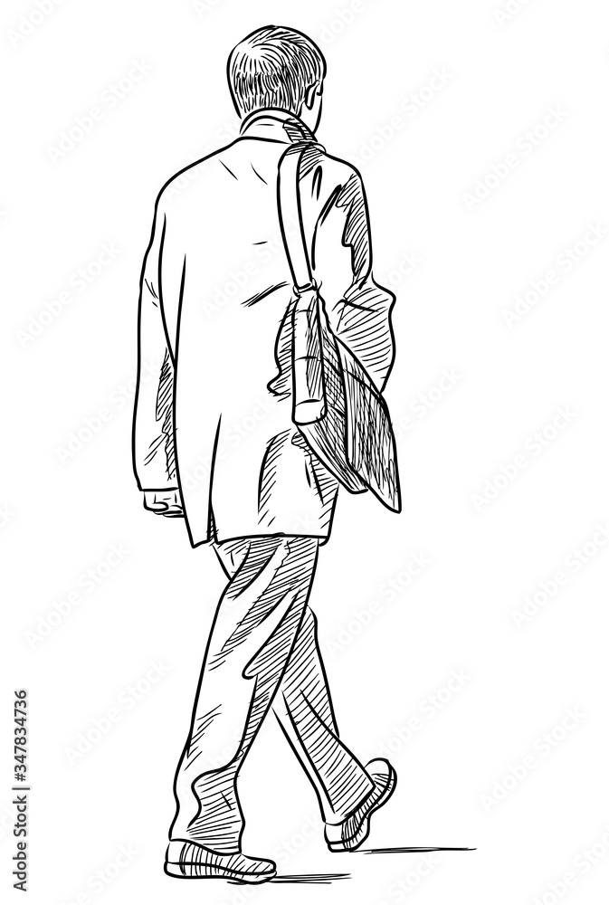 Sketch of casual townsman walking along street