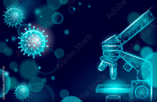 Microscope virus 3D low poly render. Laboratory analysis infection virus influenza flu pneumonia. Modern science technology medicine vector illustration