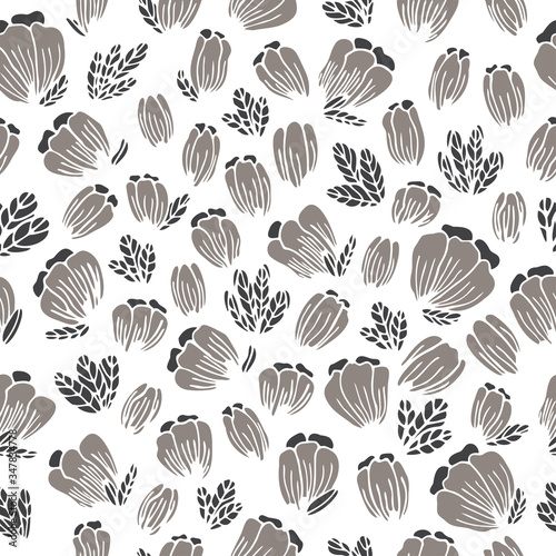 Seamless pattern with hand drawn flowers on a white background. Doodle, simple outline illustration. It can be used for decoration of textile, paper and other surfaces. © irinapugacheva