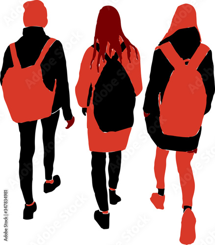 Vector idrawing of silhouettes three teens girls walking outdoors