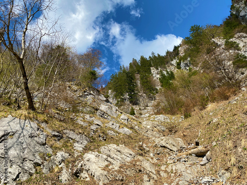 Rocks and stones of the Churfirsten mountain range and in the Alpine mountains over lake Walensee, Walenstadtberg - Canton of St. Gallen, Switzerland (Kanton St. Gallen, Schweiz) photo