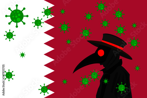 Black plague doctor surrounded by viruses with copy space with QATAR flag.