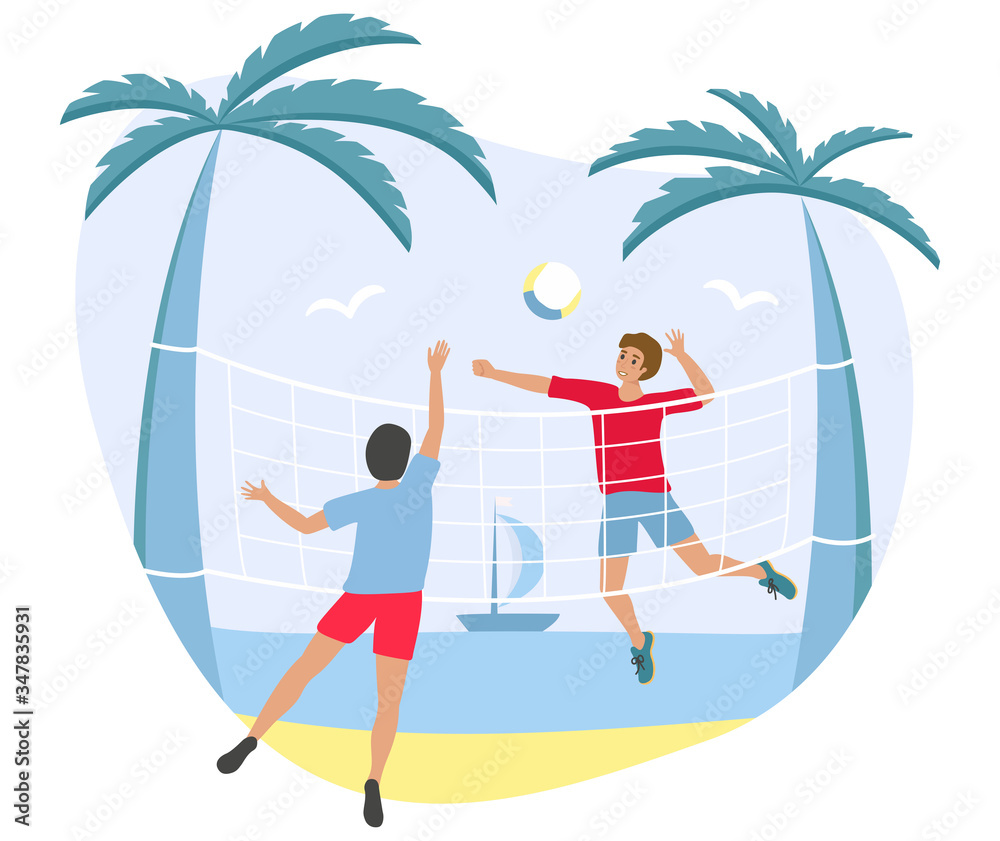 Group of boys plays in volleyball on the summer beach - flat cartoon vector stock illustration. Men with ball on sandy seaside with palm tree. Healthy lifestyle activity, team sport