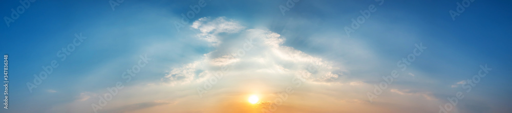 Fototapeta Panorama of Dramatic vibrant color with beautiful cloud of sunrise and sunset. Panoramic image.