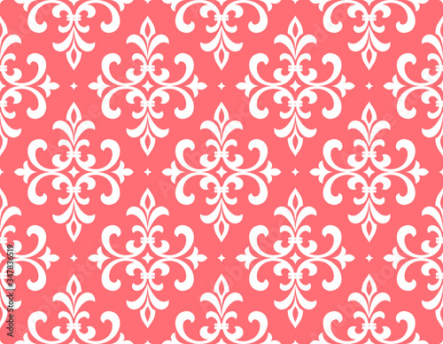 Wallpaper in the style of Baroque. Seamless vector background. White and pink floral ornament. Graphic pattern for fabric, wallpaper, packaging. Ornate Damask flower ornament