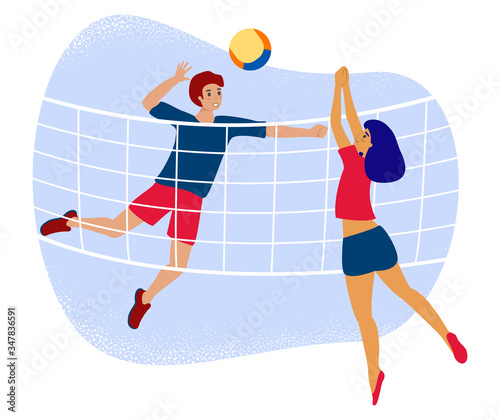 Man and Woman plays volleyball through net. Flat vector stock illustration with couple volley player with a ball as a concept of friendly game
