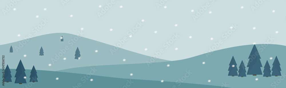 Winter Mountains landscape with pines and hills.Cold scene and mountain landscape in flat design for template.