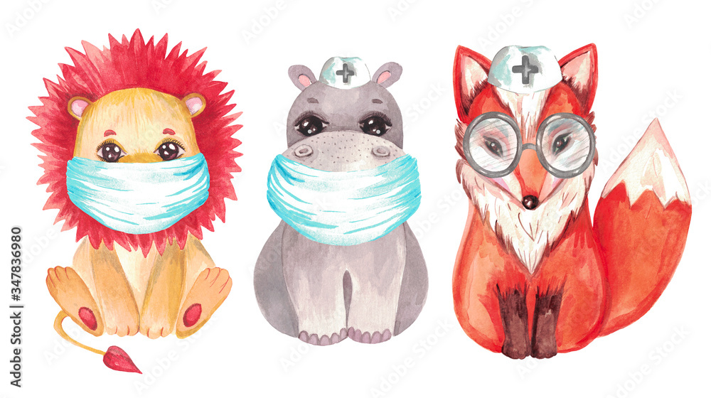 Watercolor illustration of cute animals lion Fox Hippo in respiratory masks Medical concept Coronavirus Watercolor illustration of cute animals lion Fox Hippo in respiratory masks Medical concept Coronavirus