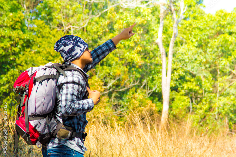 Young man traveler with backpack hiking Lifestyle adventure concept, adventure active summer Forest, Hiking, Journey background.