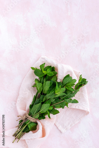 fresh aromatic herbs from above on pink background