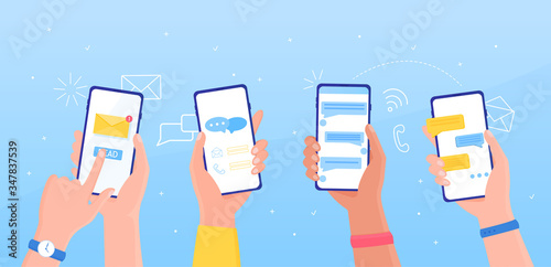 Notification message concept SMS bubble on the screen People chatting concept People holding a phone receive and send a message. Receive notifications On a blue background Colorful Vector Illustration