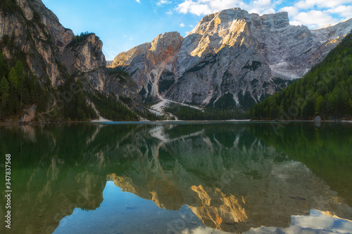 Braies Lake ( Pragser Wildsee ) in Dolomites Alps, Sudtirol, Italy